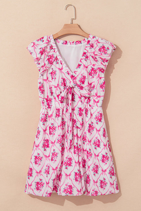 Floral Ruffle Shoulder V Neck Mini Dress with Bow Detail